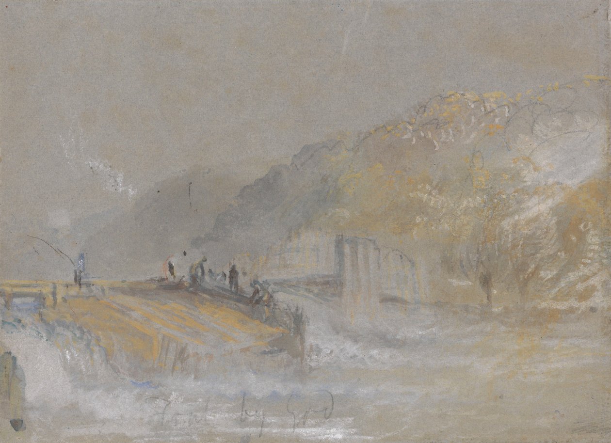 Foul by God: rivierlandschap met vissers die vanaf een stuw vissen door Joseph Mallord William Turner