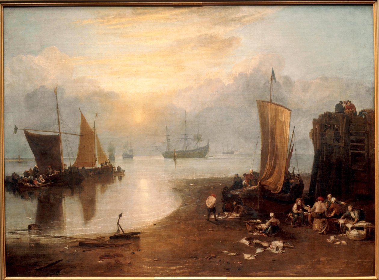 Zon die opkomt door de damp: Vissers die vis schoonmaken en verkopen ... (schilderij op doek) door Joseph Mallord William Turner
