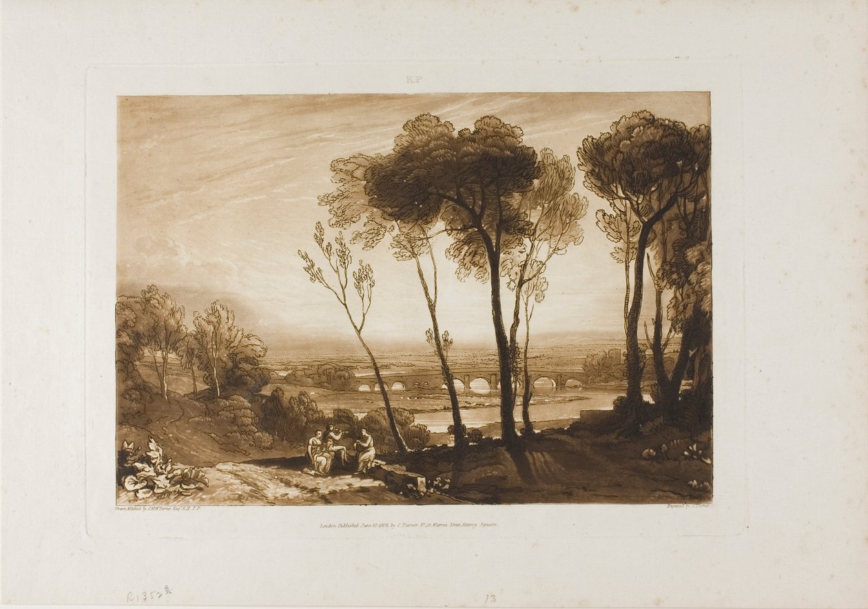 De brug in de verte, plaat 13 uit Liber Studiorum door Joseph Mallord William Turner