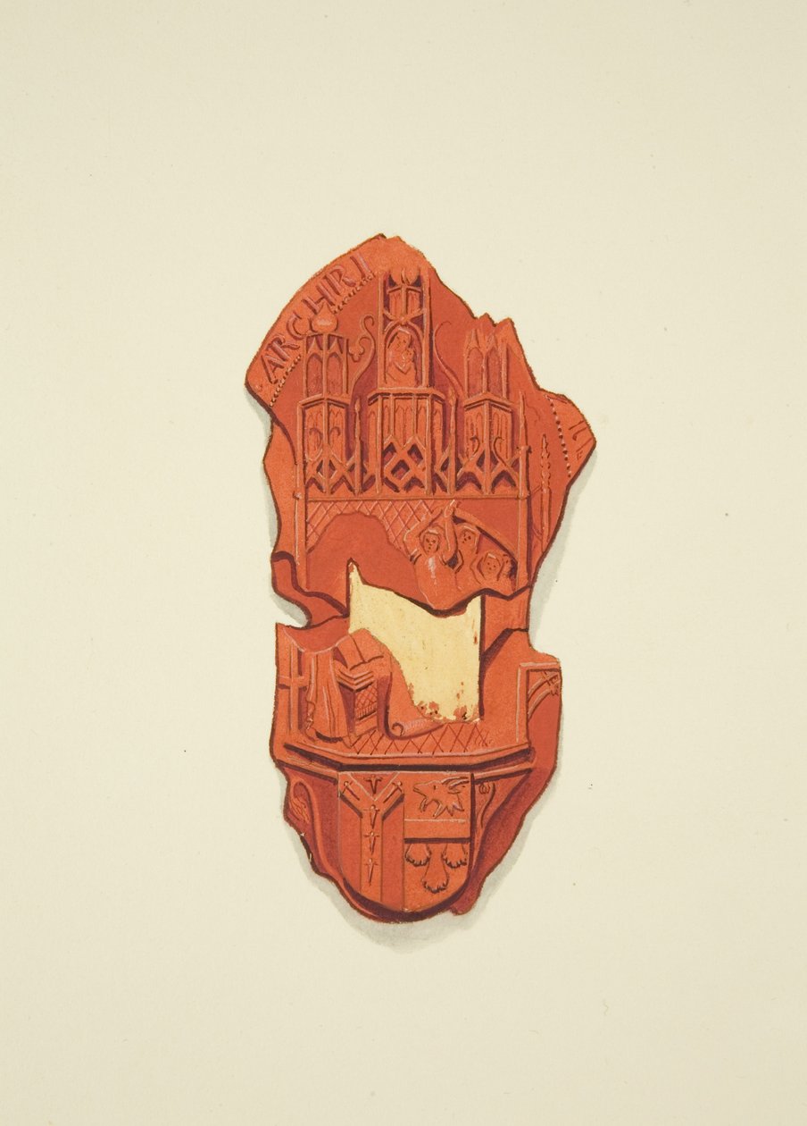 Achterkant van het zegel van Matthew Parker, aartsbisschop van Canterbury, bij het testament van Thomas Alyce, koopman door Joseph Manning