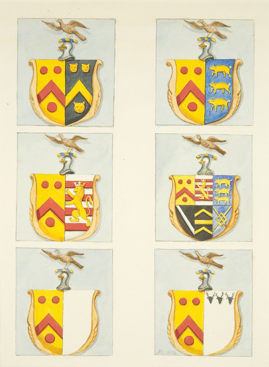 Zes wapenschilden in glas-in-loodramen in noord- en zuidbeuken (oostkant) van de kathedraal van Bristol door Joseph Manning