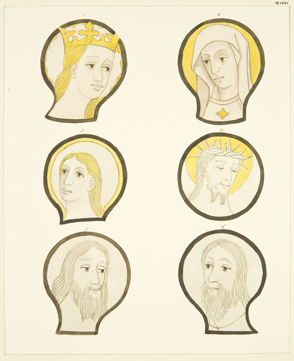 Zes hoofden in glas-in-loodramen ten zuiden van het koor in de kathedraal van Bristol door Joseph Manning