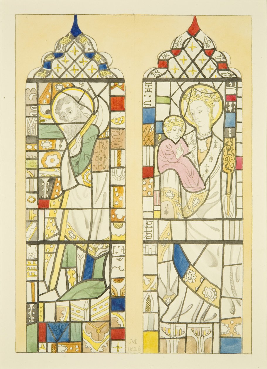 Glas-in-lood in het raam boven het doopvont van St Mary Redcliffe door Joseph Manning