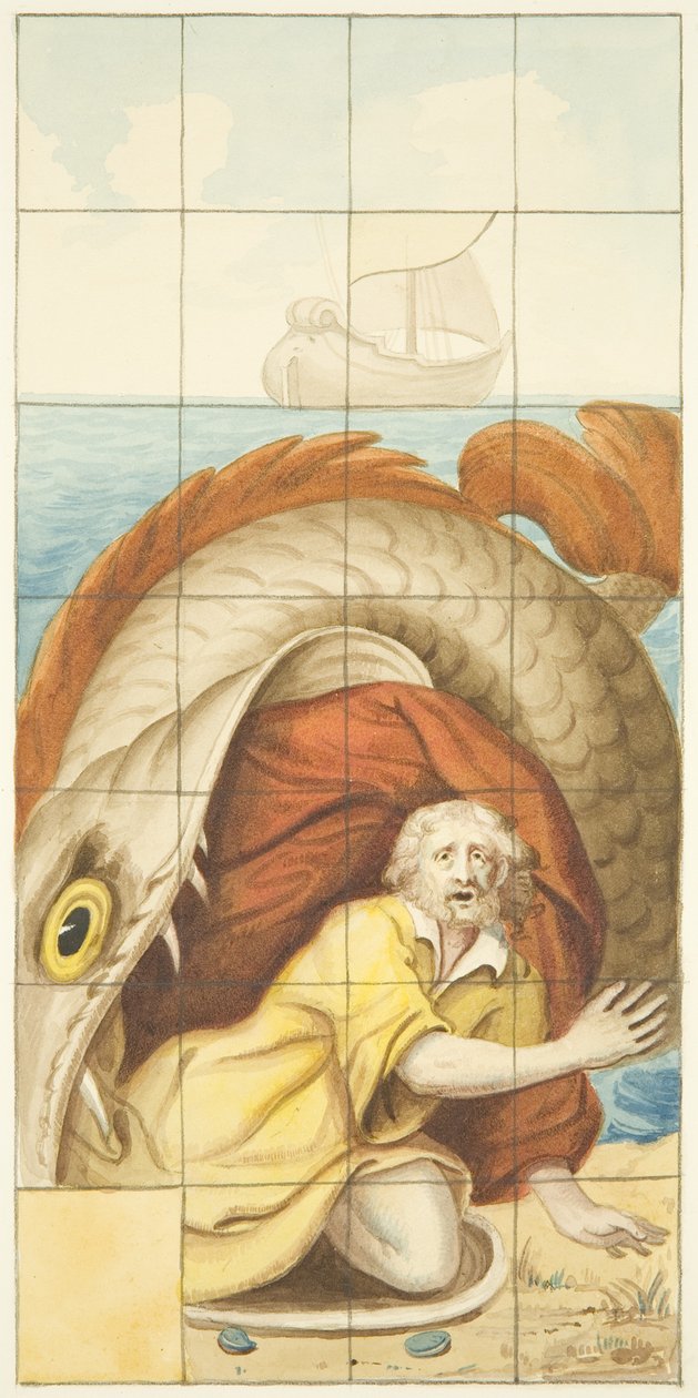 Glas-in-loodraam aan de oostkant van de noordbeuk van de kathedraal van Bristol met Jona en de Walvis door Joseph Manning