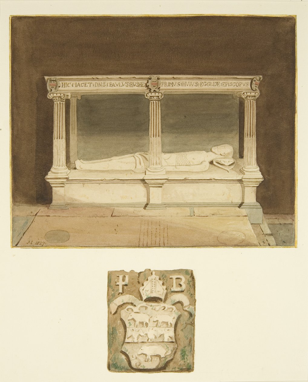 Graf van bisschop Paul Bush en wapenschild in de kathedraal van Bristol door Joseph Manning
