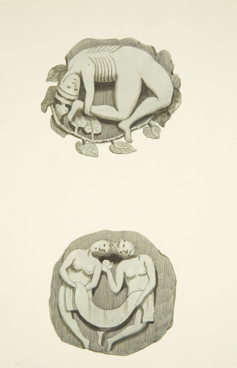 Twee gewelfstenen in het plafond bij de noorddeur van de Bristol Cathedral door Joseph Manning