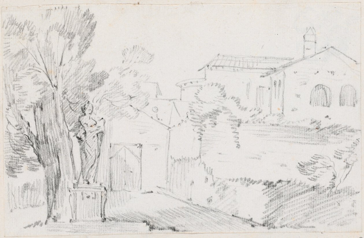 Hoek van een Italiaanse Tuin met een Kerk op de Achtergrond door Joseph Marie Vien