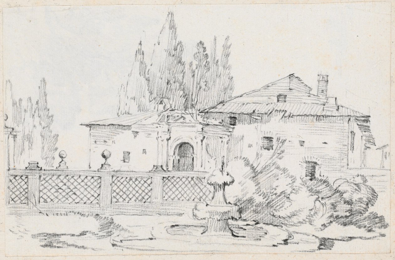 Huis en Bomen over een Tuinmuur door Joseph Marie Vien