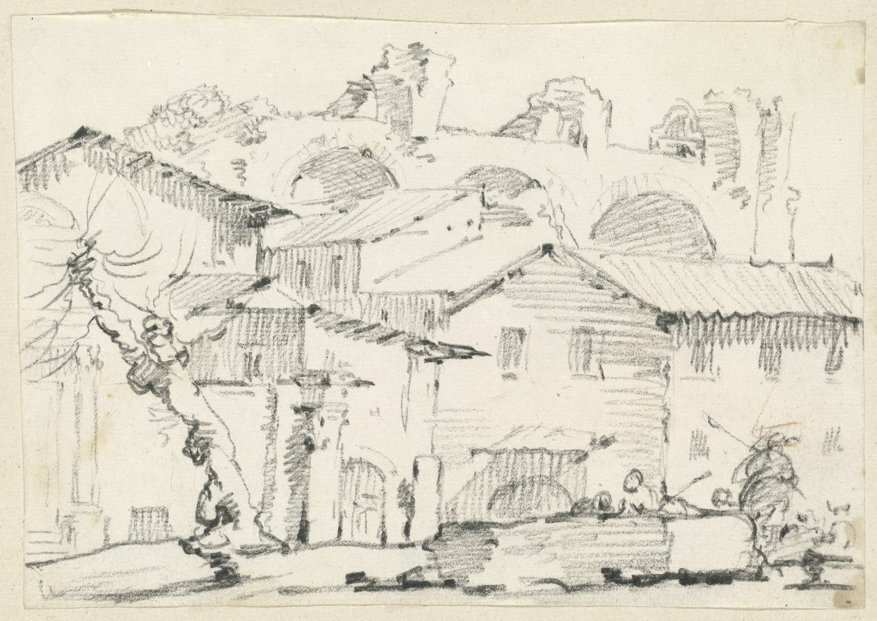 Huizen aan de noordkant van het Forum met de basiliek van Maxentius daarachter door Joseph Marie Vien