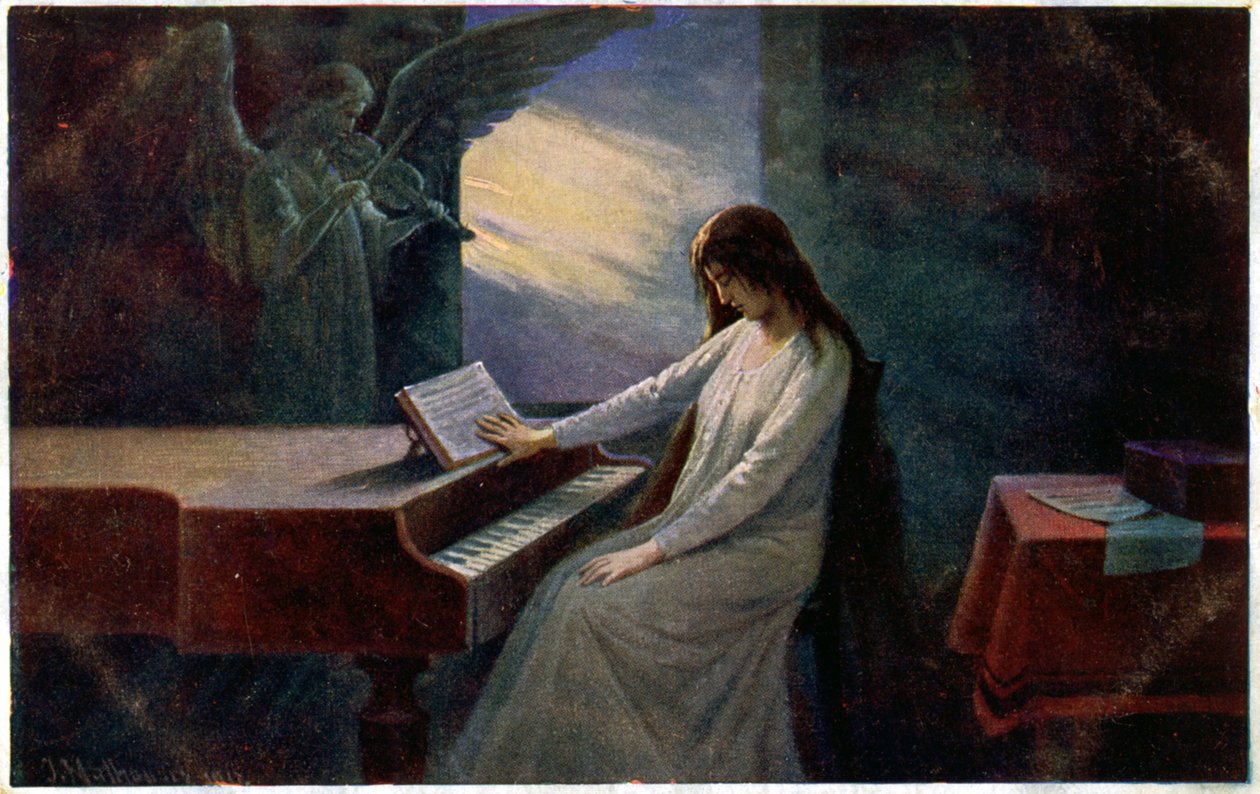 Muziek. De laatste akkoorden. Stervende dame aan de piano. Illustratie door Josef Mathauser, Tsjechië, ca. 1910 (ansichtkaart) door Joseph Mathauser