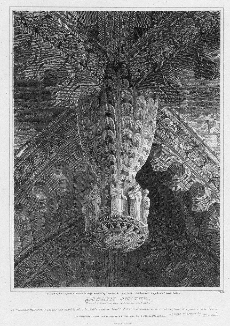 Roslyn Chapel, uitzicht op een hanger en gewelven aan het oostelijke uiteinde, gegraveerd door S. Noble, 1810 door Joseph Michael Gandy