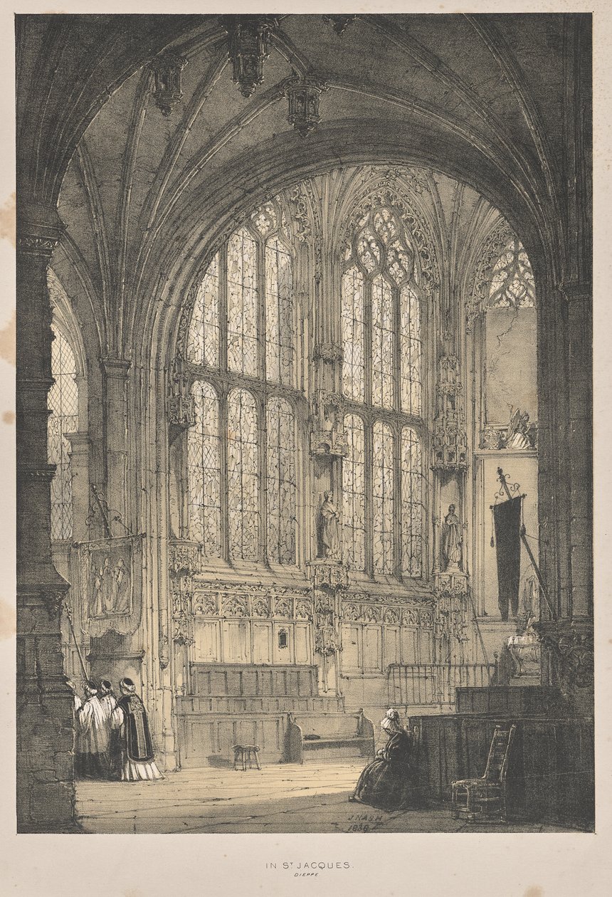 Architectuur van de Middeleeuwen: In St. Jacques, Dieppe, Oostkant, Interieur door Joseph Nash