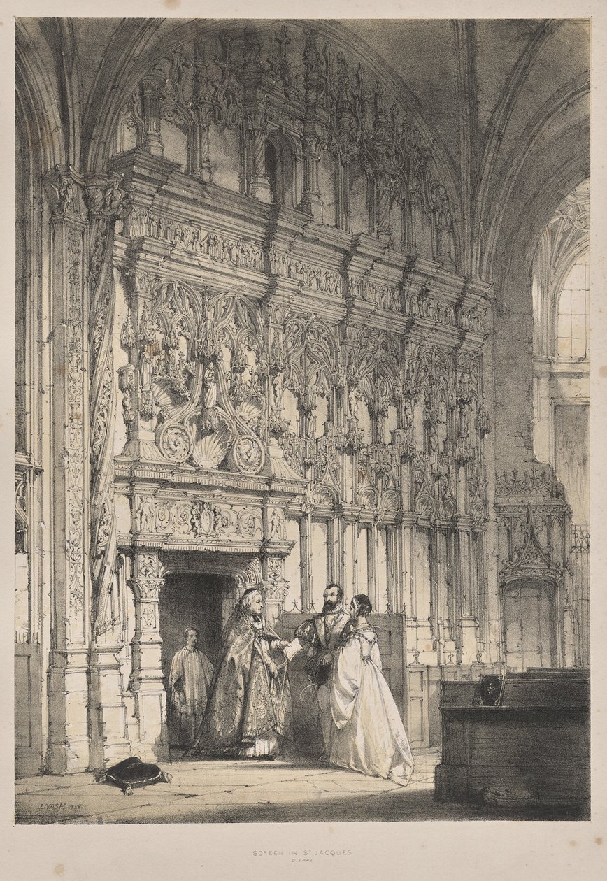 Architectuur van de Middeleeuwen: Scherm in St. Jacques, Dieppe door Joseph Nash