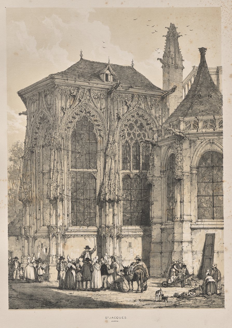 Architectuur van de Middeleeuwen: St. Jacques, Dieppe, Oostkant, Exterieur door Joseph Nash