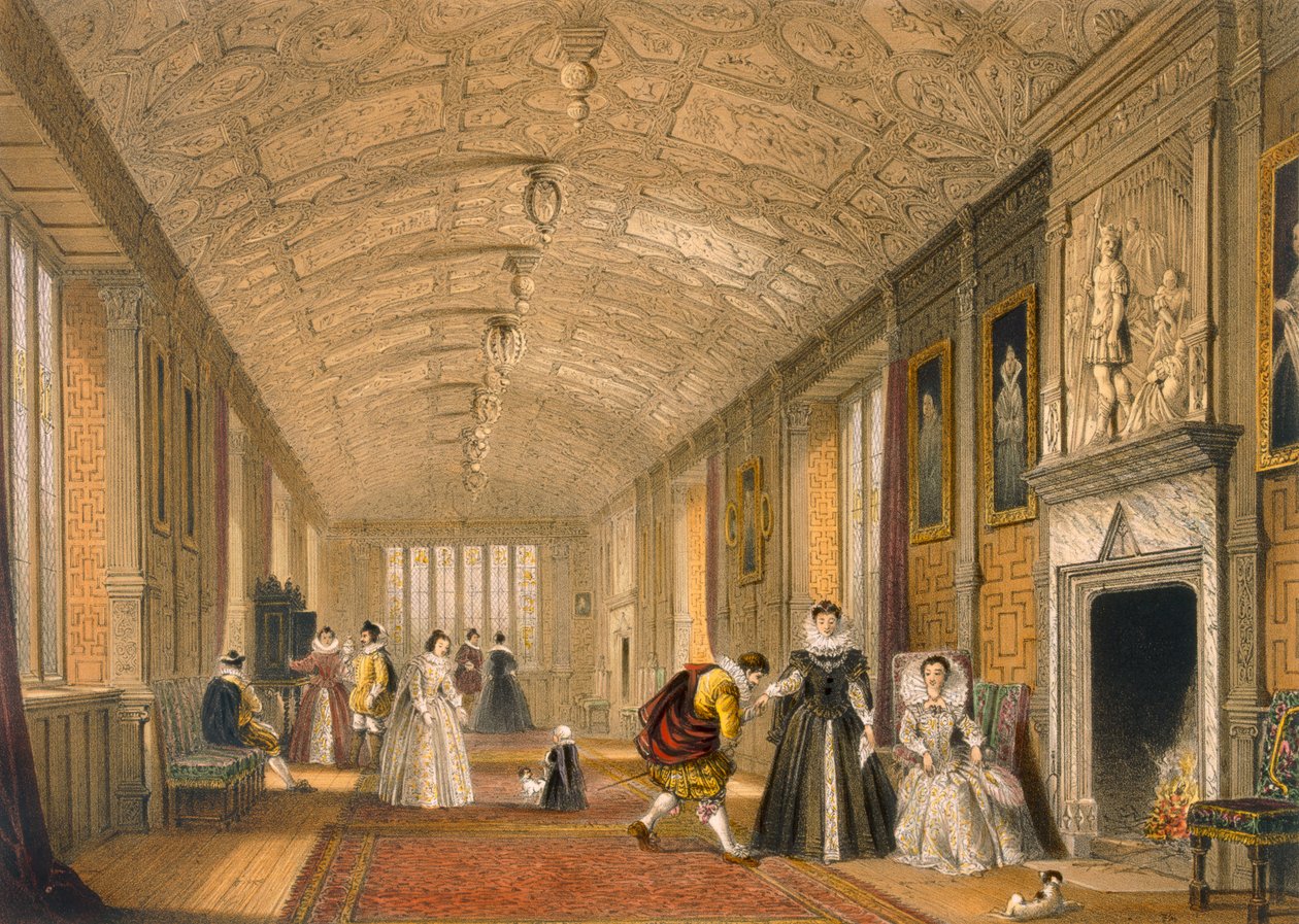 De lange galerij in Lanhydrock, Cornwall, 1600 door Joseph Nash