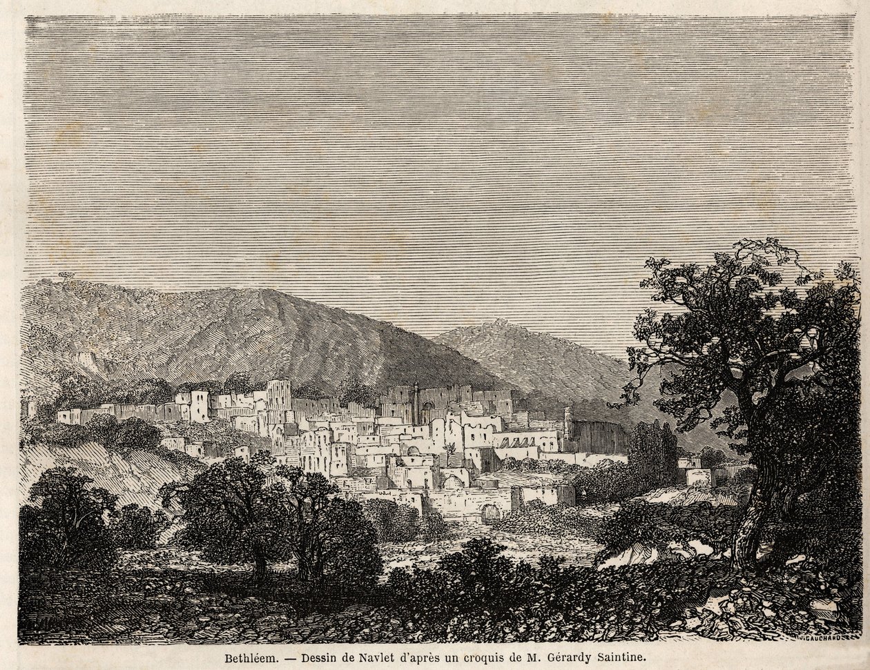 Uitzicht op Bethlehem, tekening Joseph Navlet (1821-1889), ter illustratie van de reis van de heer Bida naar Palestina in 1856. Gravure in 