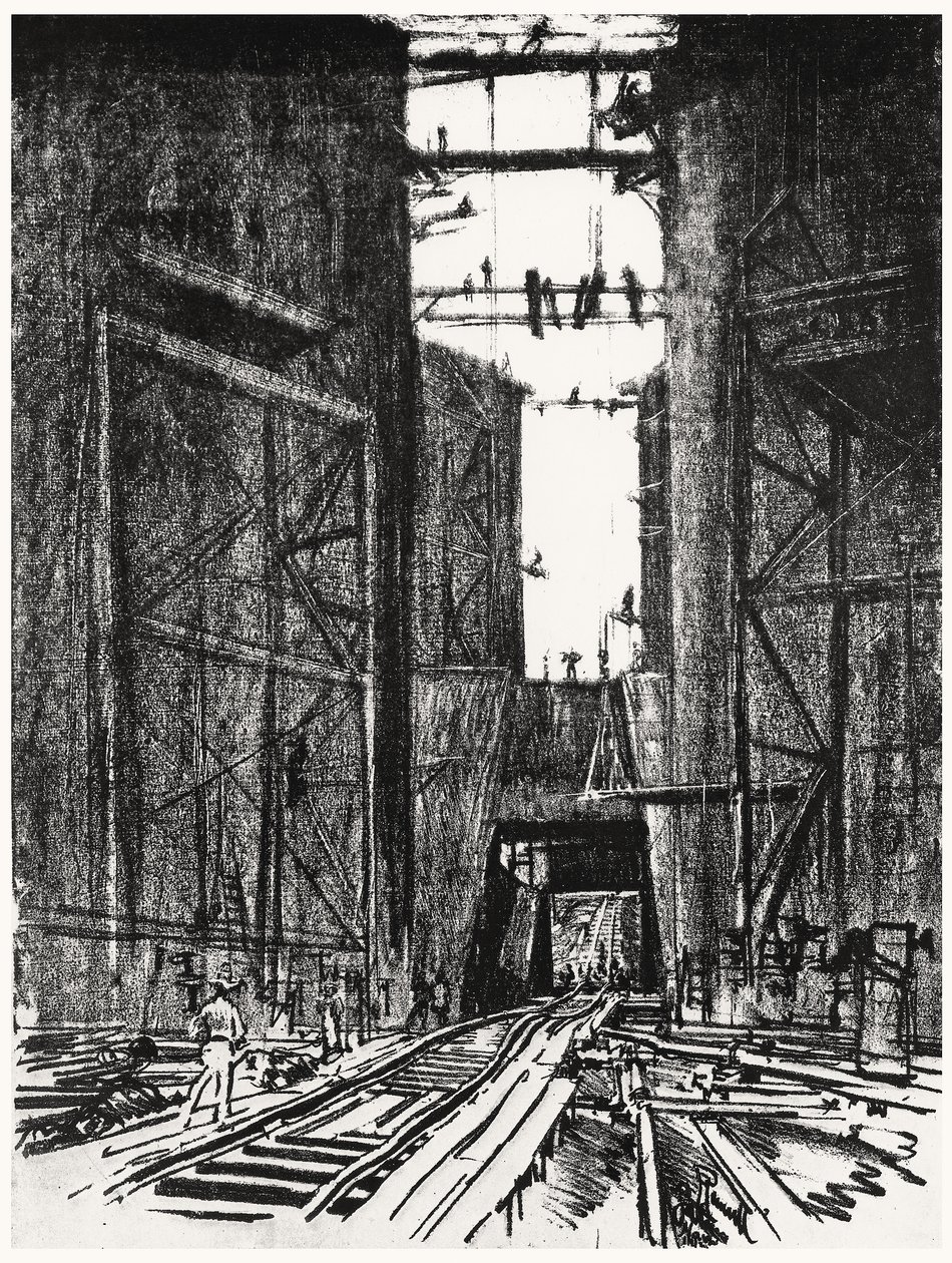 Op de Bodem van de Gatun Sluis, plaat IV uit Het Panamakanaal door Joseph Pennell door Joseph Pennell