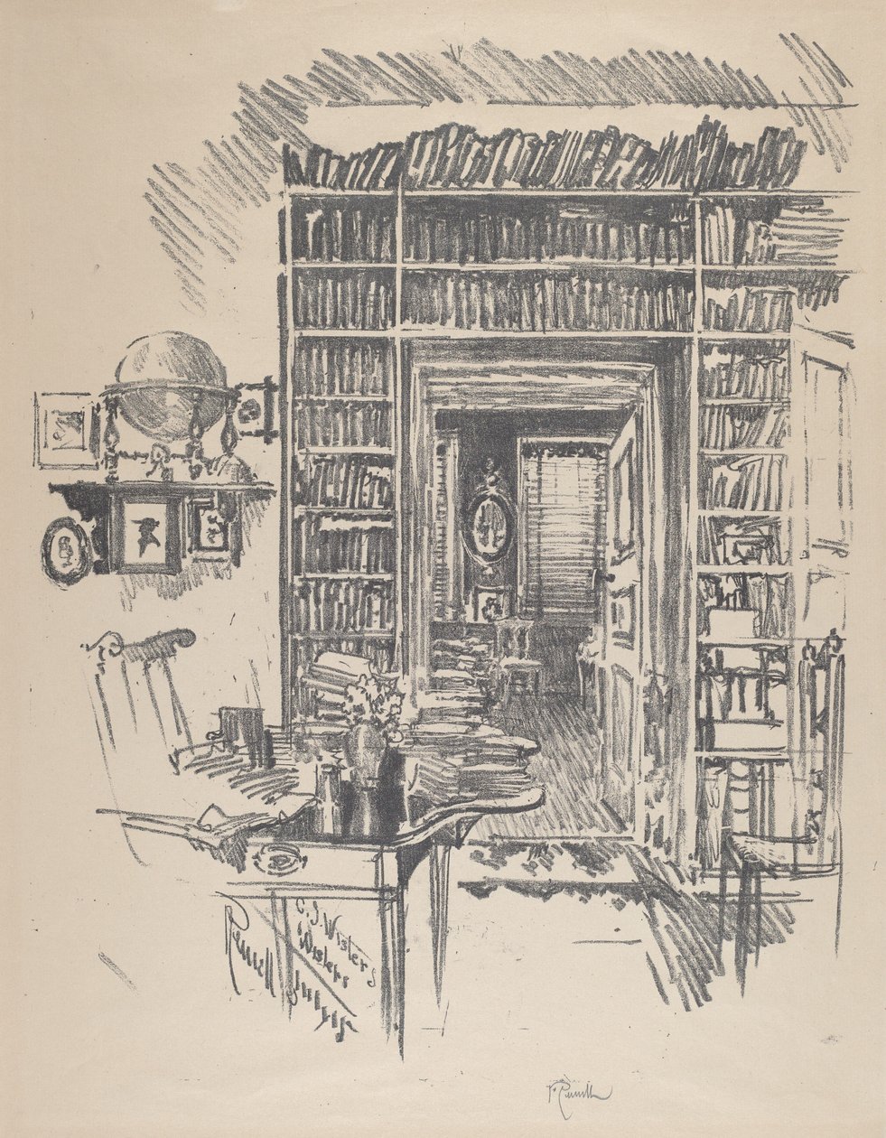 Boekenkamer bij Dr. Wister door Joseph Pennell