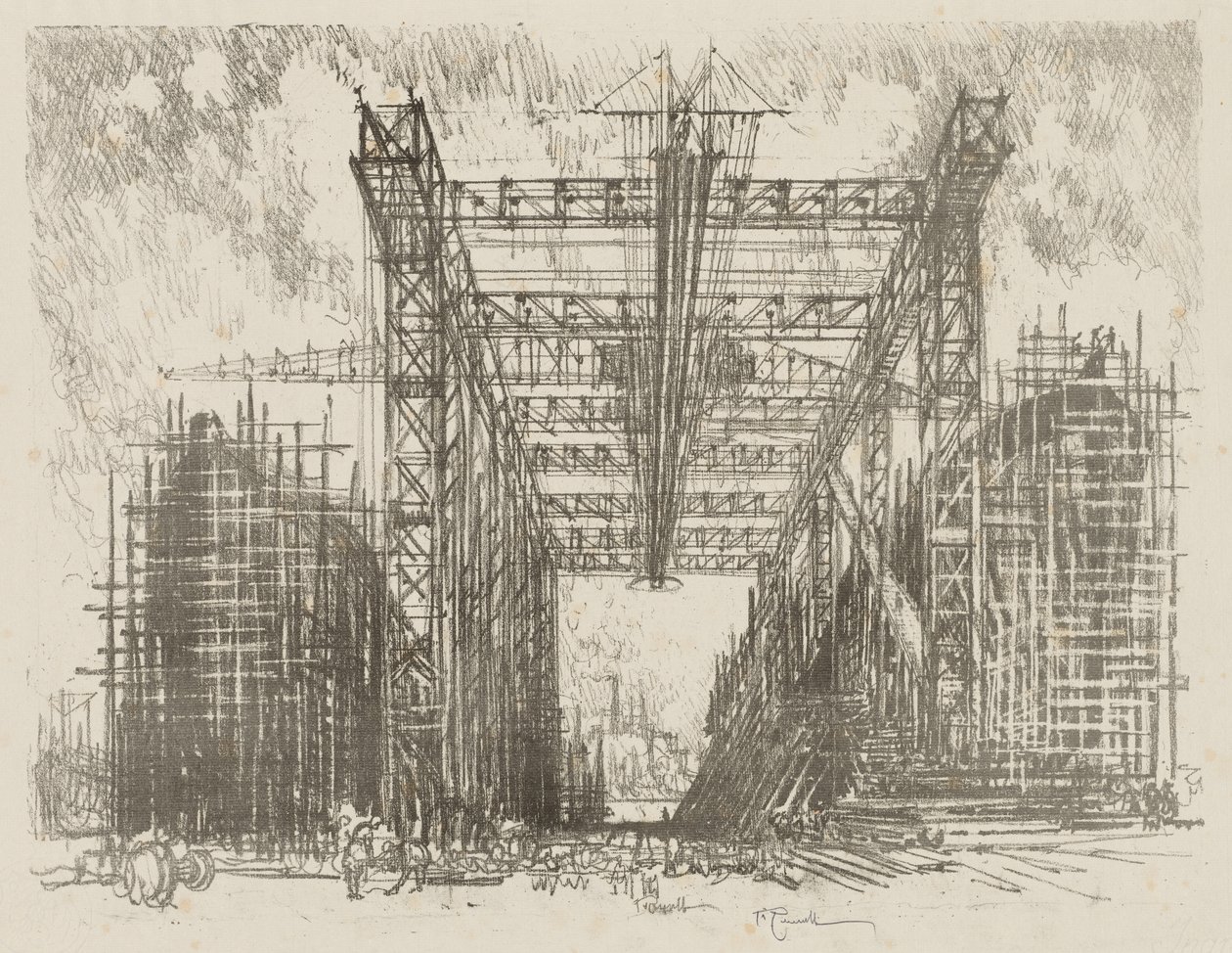 Engels Oorlogswerk: De Kraanbaan (Een Koopvaardijwerf) door Joseph Pennell