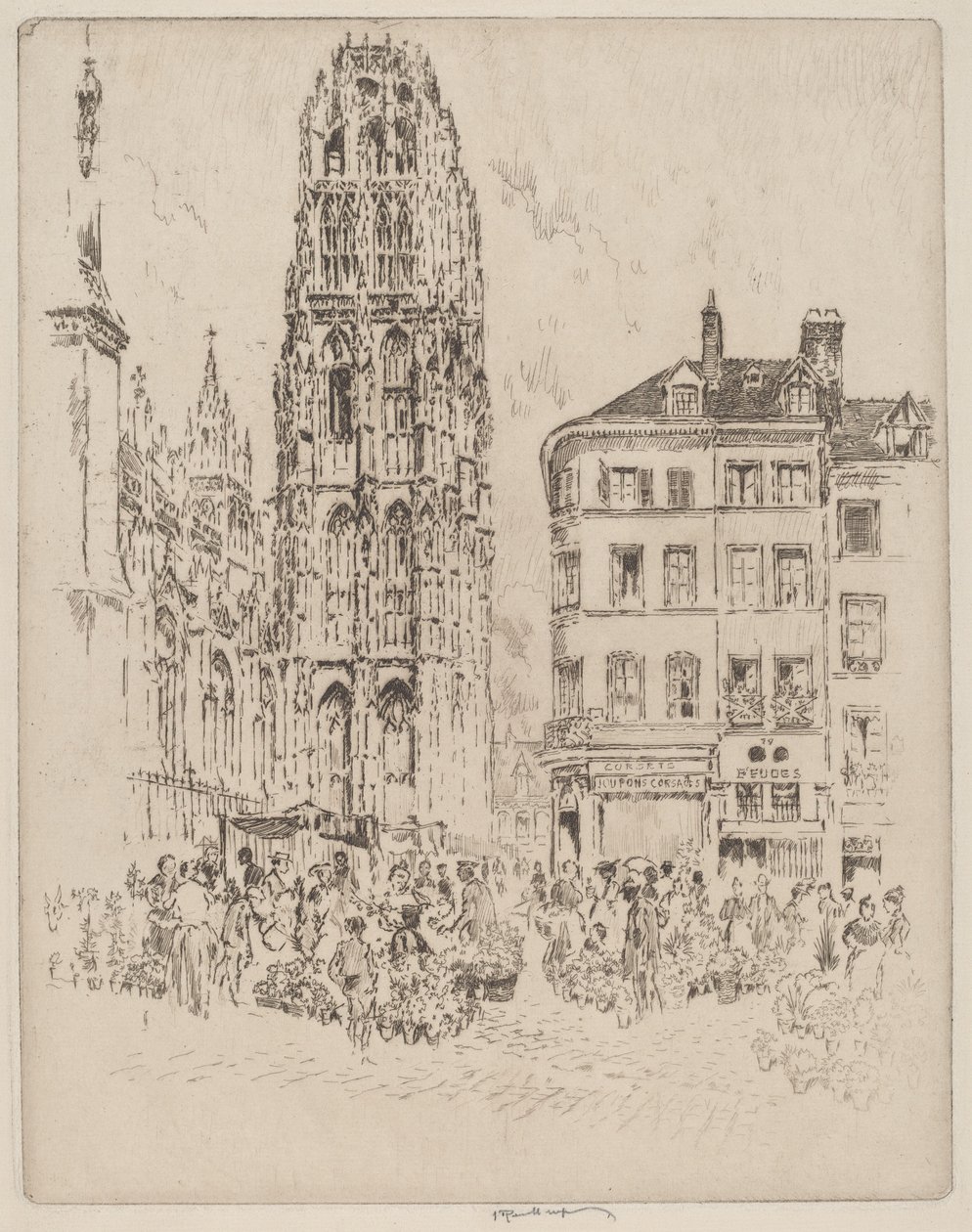 Bloemenmarkt en Botertoren, Rouen door Joseph Pennell