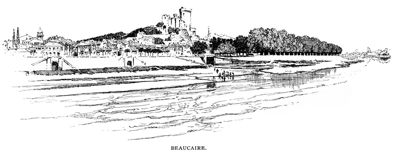 Algemeen uitzicht op Beaucaire, met uitzicht op de Rhône. Gravure door Joseph Pennell. door Joseph Pennell