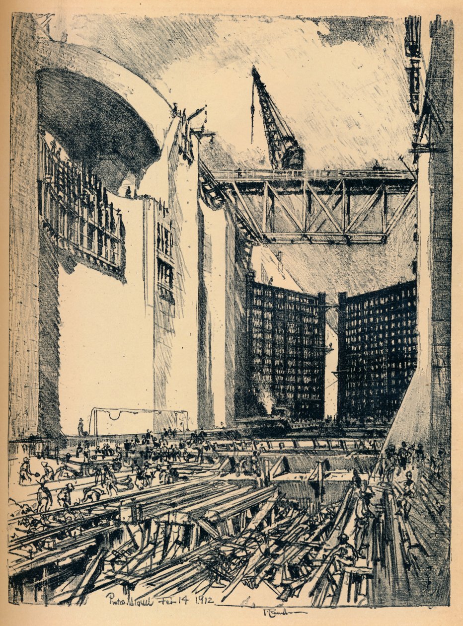 Het leggen van de vloer van Pedro Miguel Lock, 1912 door Joseph Pennell