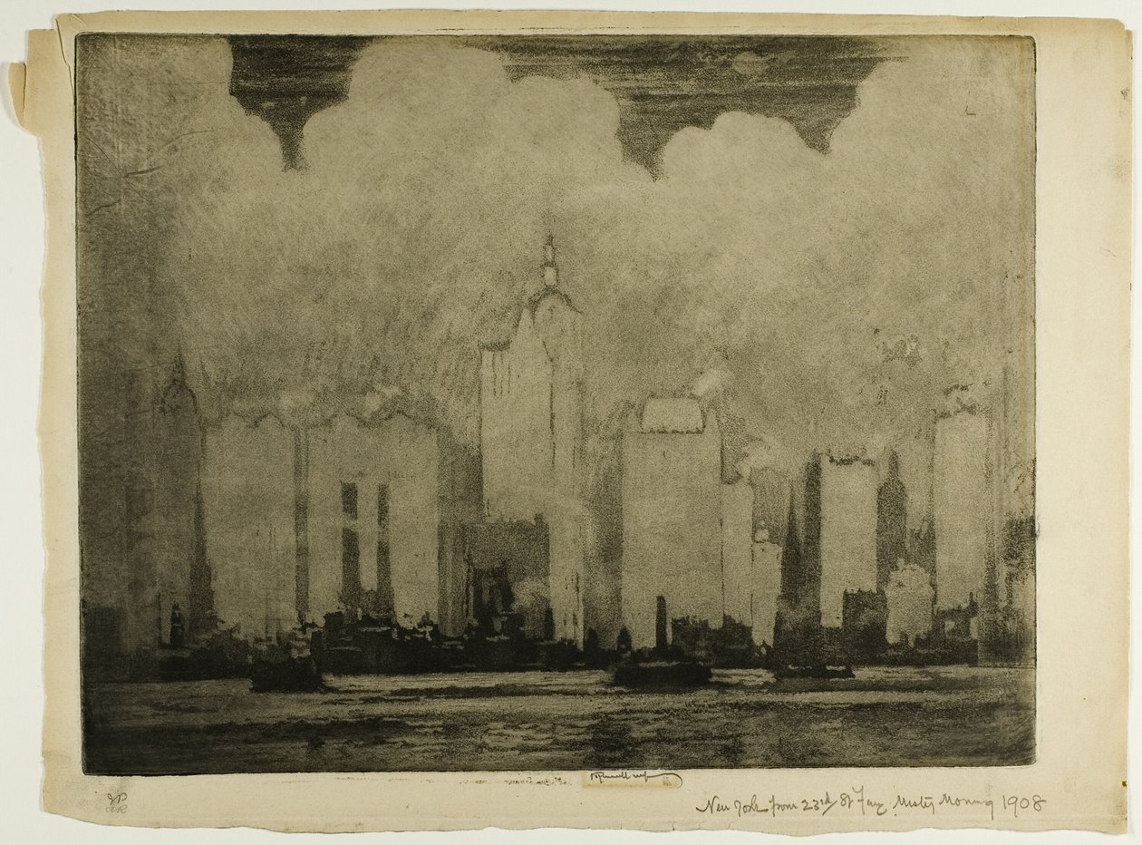 N.Y. vanaf 23e ferry - in de mist van een ochtend door Joseph Pennell