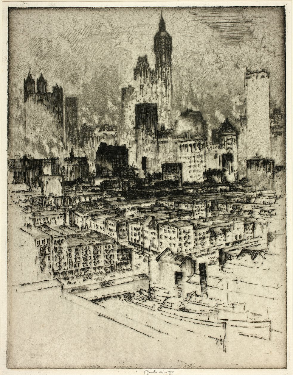 New York, vanaf de Brooklyn Bridge door Joseph Pennell
