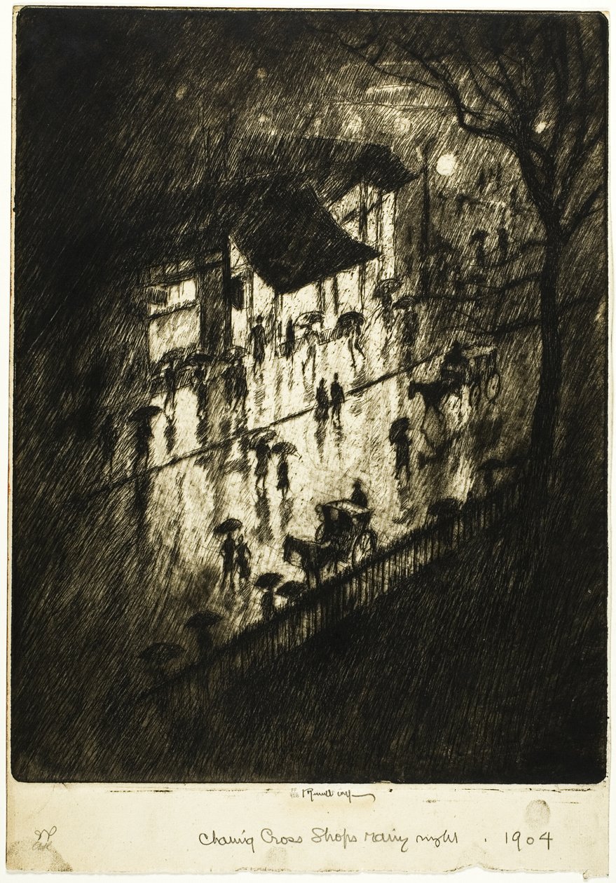 Regenachtige nacht, Charing Cross Shops door Joseph Pennell