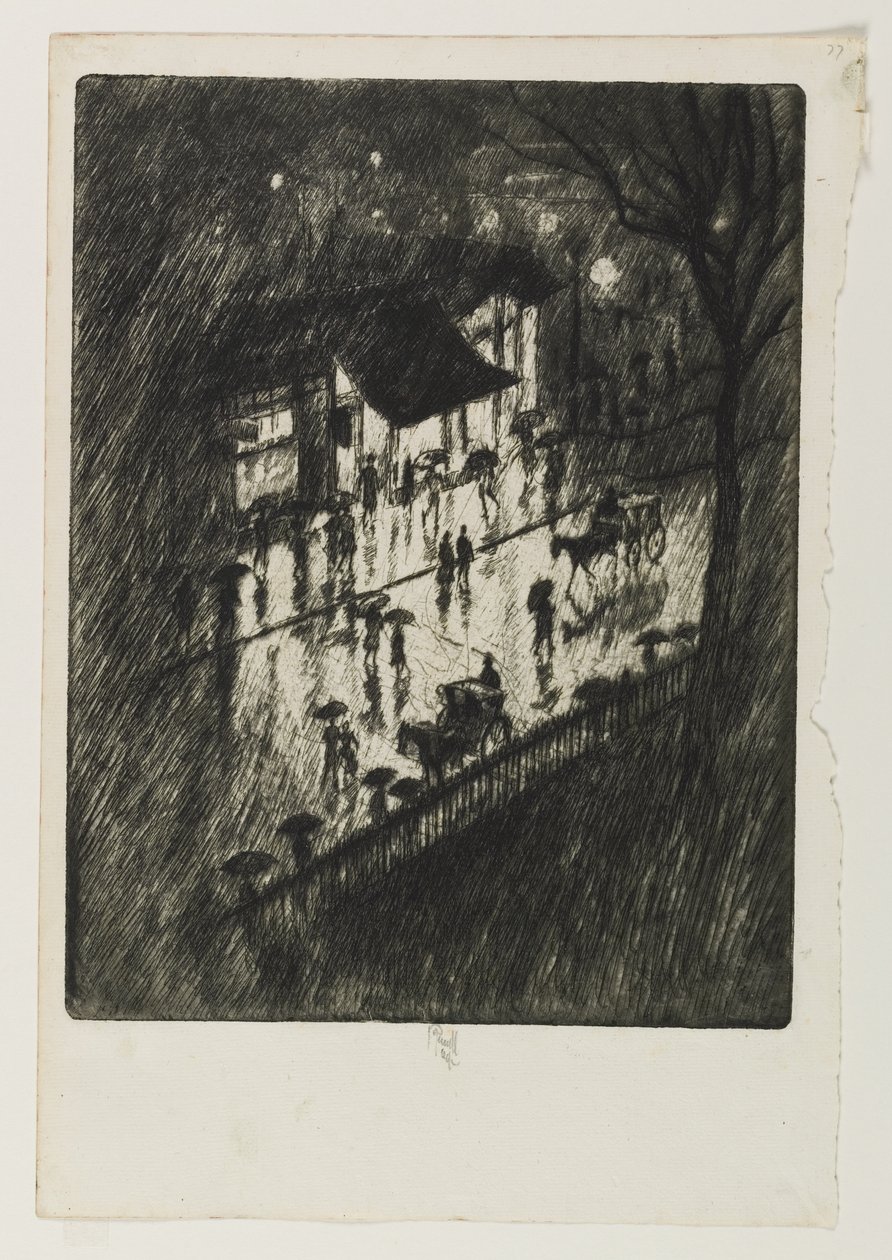 Regenachtige nacht, Charing Cross Shops, 1903 door Joseph Pennell