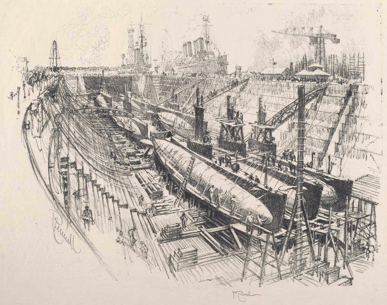 Onderzeeërs in het droogdok door Joseph Pennell
