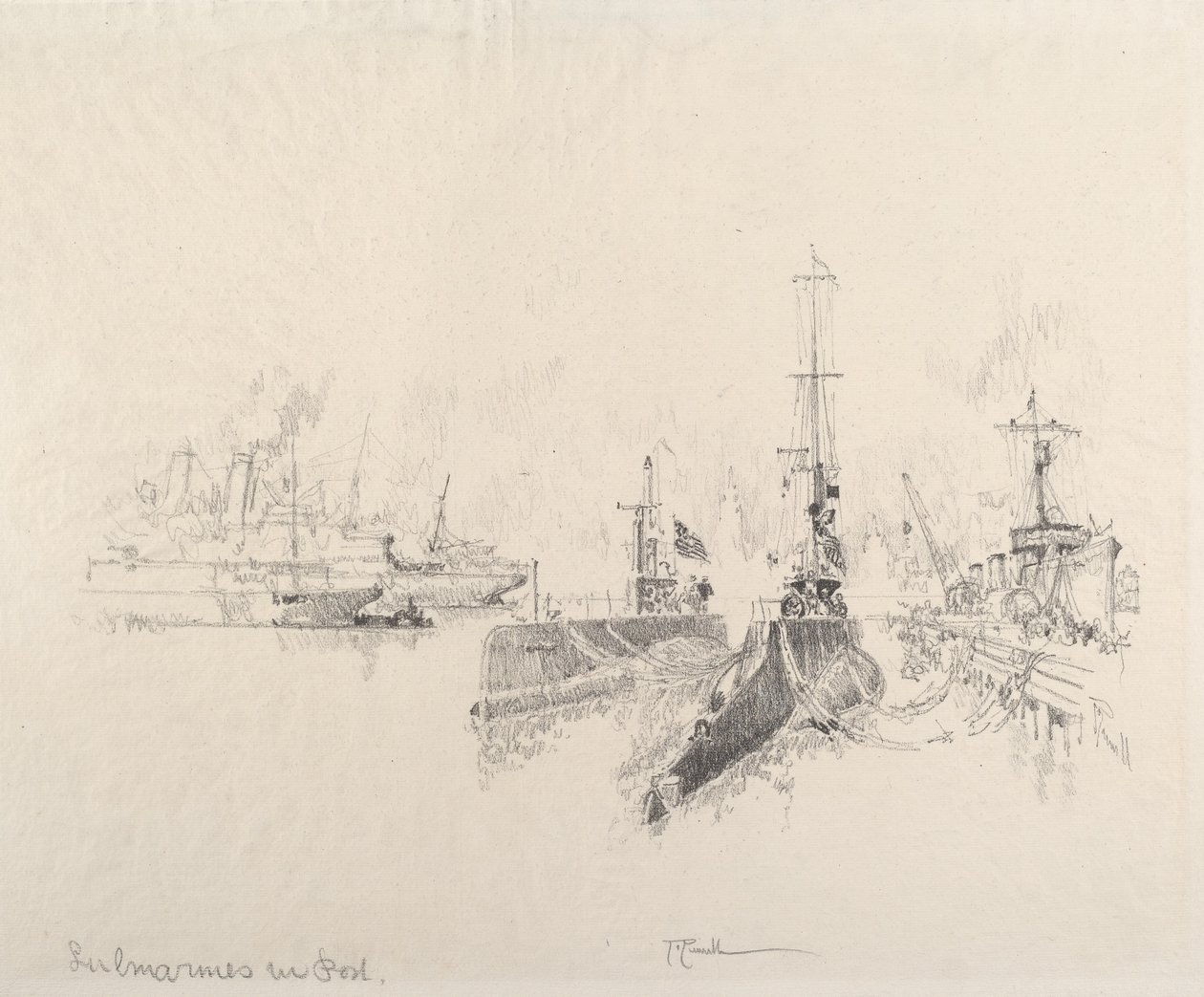 Onderzeeërs in de haven, 1917 door Joseph Pennell