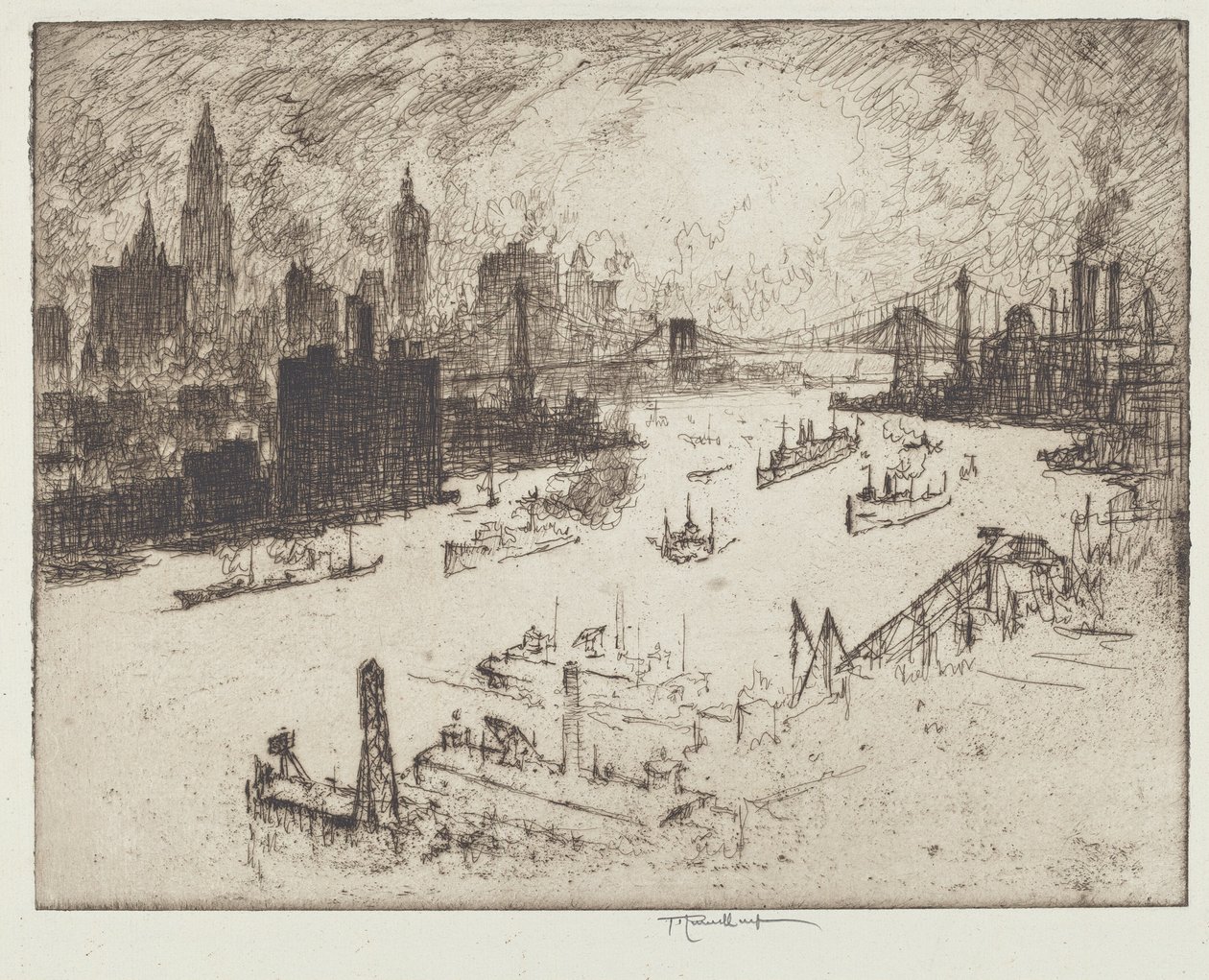Zonsondergang, vanaf Williamsburg Bridge door Joseph Pennell