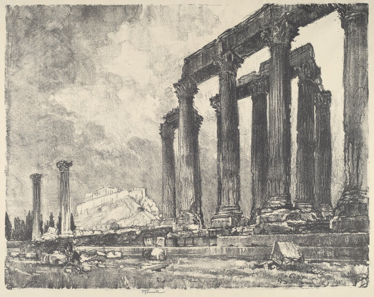De Akropolis gezien vanaf de tempel van Jupiter, Athene door Joseph Pennell