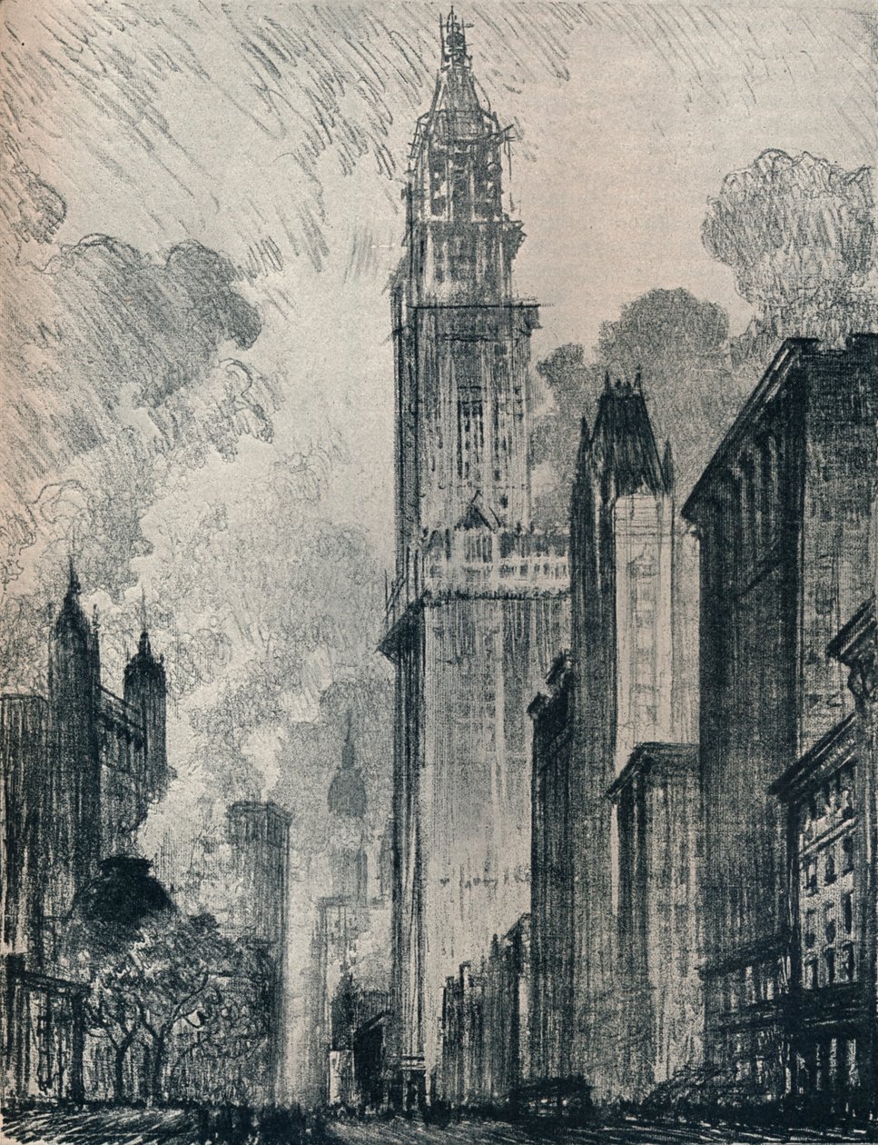 De Broadway en het Woolworth Building, New York, 1912 door Joseph Pennell