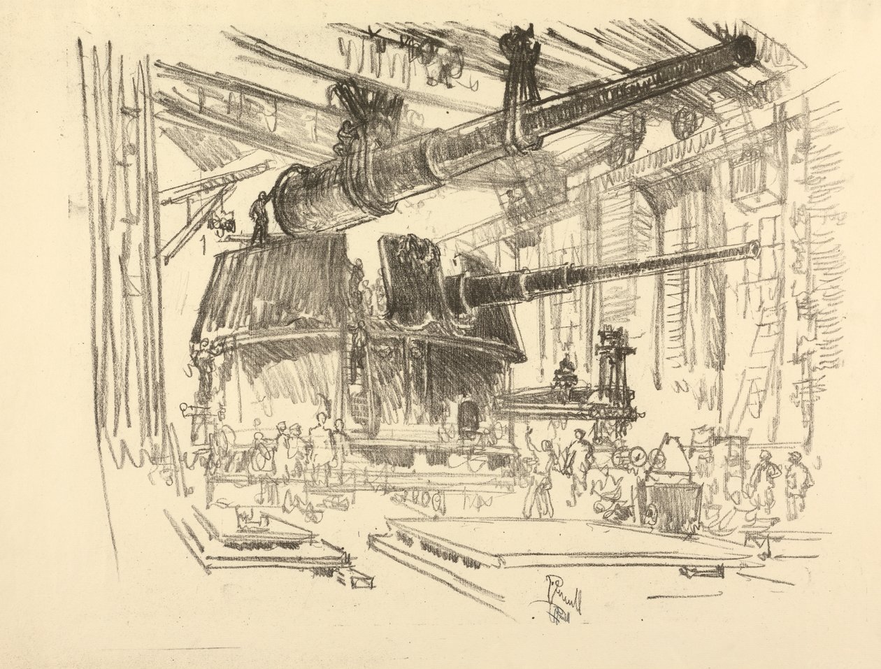 De Engelse Oorlog Serie: W. 448 Kanonnen in Torens Monteren door Joseph Pennell