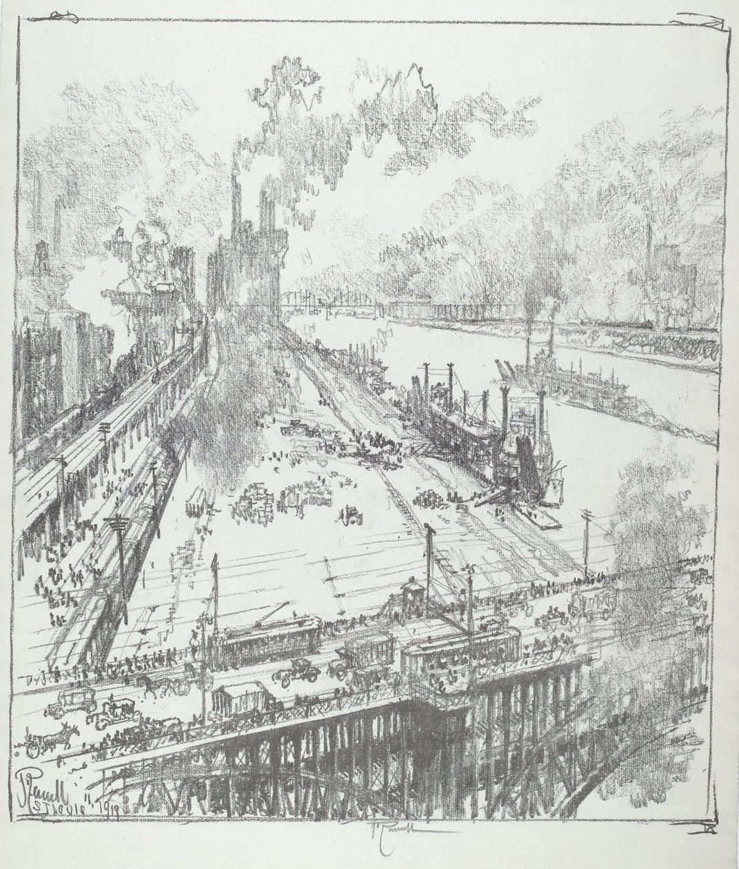 De Levee vanaf Eads Bridge, St. Louis door Joseph Pennell