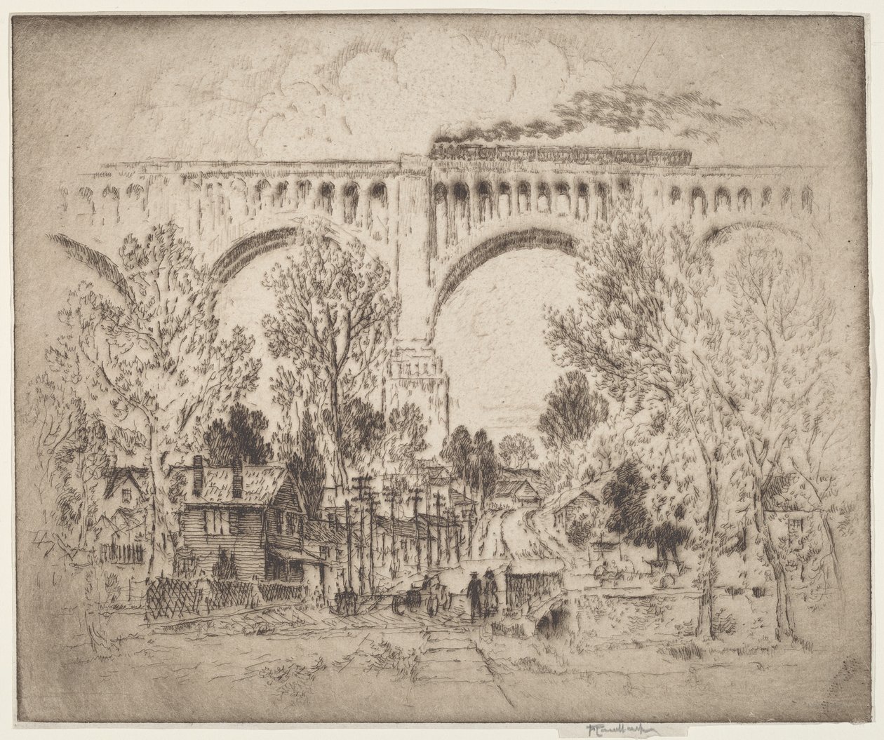 Het Viaduct, D., L. & W. bij Nicholson, Pa. door Joseph Pennell