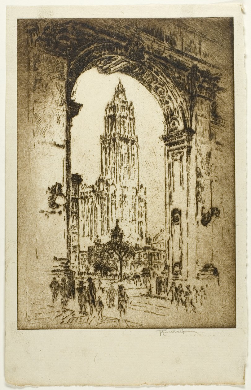 De Woolworth door de Boog door Joseph Pennell