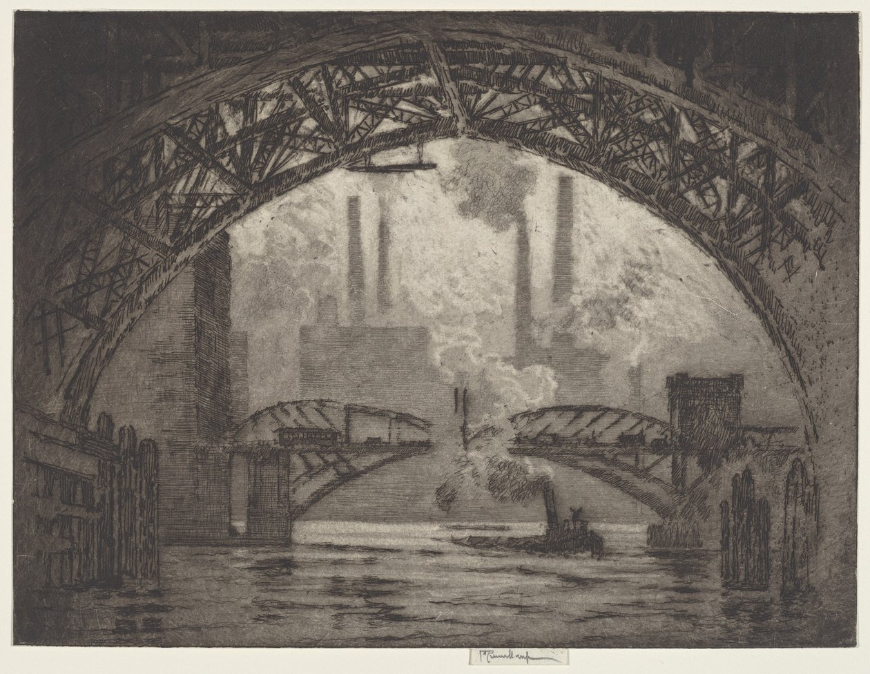 Onder de bruggen, Chicago door Joseph Pennell