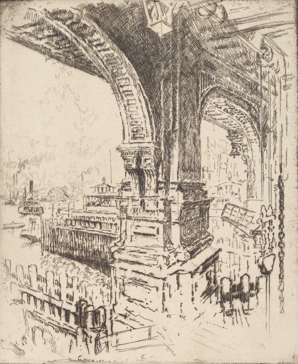 Binnen de veerboot, Cortlandt Street, New York door Joseph Pennell