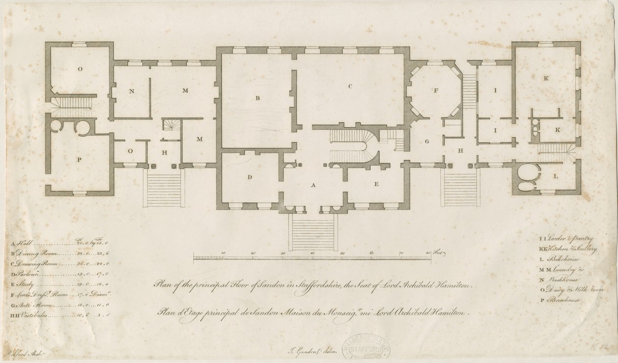 Sandon Hall - Plan van de hoofdverdieping: gravure, nd [1769-1771] door Joseph Pickford