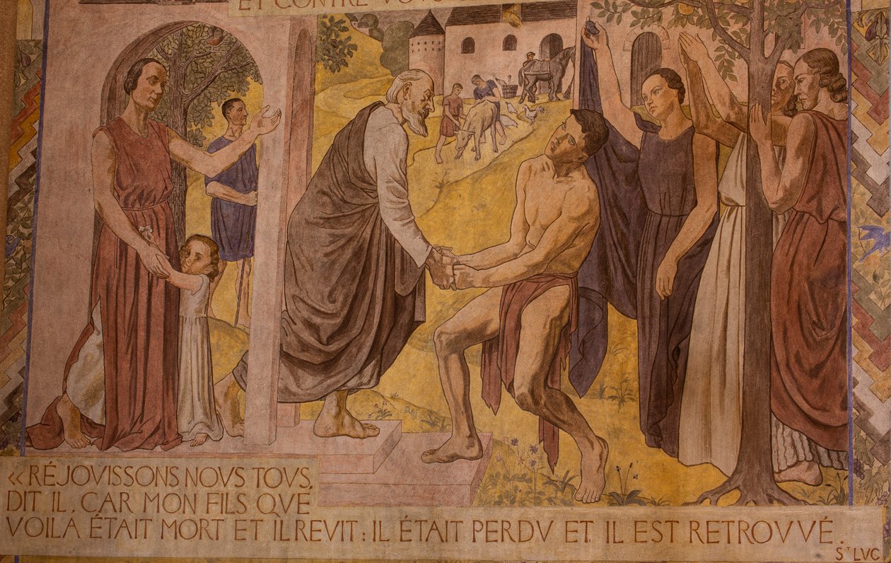 De Verloren Zoon. Fresco in de kathedraal van Nanterre door Joseph Radan