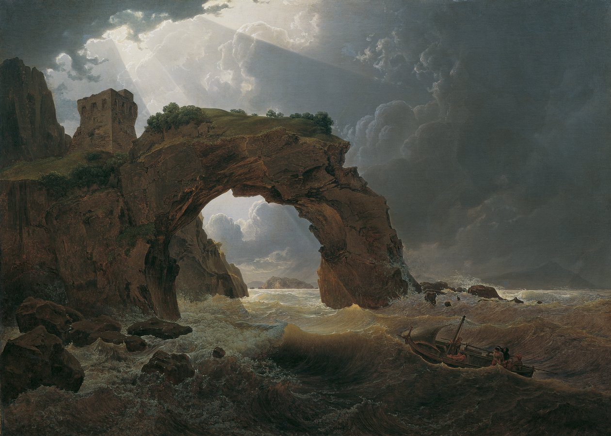 Zee storm bij de Arco di Miseno bij Miliscola met uitzicht op Nisida door Joseph Rebell