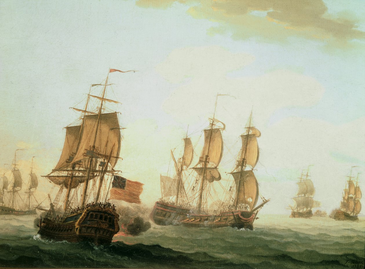 Naval Engagement tussen een Britse Oost-Indiëvaarder en een Frans oorlogsschip door Joseph Roux