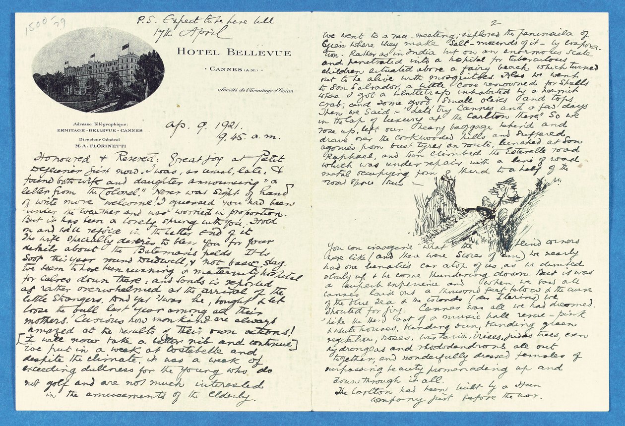 Handgeschreven brief aan Kol. H. W. Feilden, Hotel Bellvue Cannes, 9 april door Joseph Rudyard Kipling