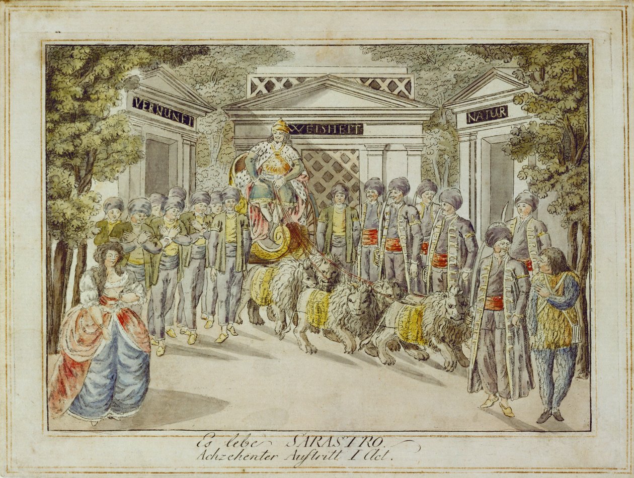Sarastro arriveert op zijn strijdwagen ... (gravure) door Joseph Schaffer