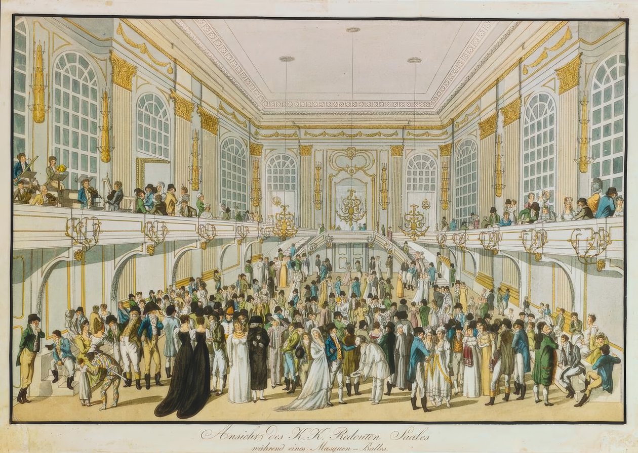 Zaal van het K. u. K. Redoutensaal tijdens een gemaskerd bal door Joseph Schütz