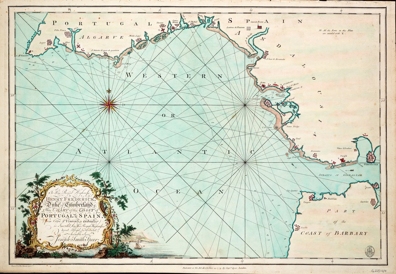 Kaart van de kust van Portugal en Spanje, van Kaap St. Vincent tot Gibraltar door Joseph Smith Speer