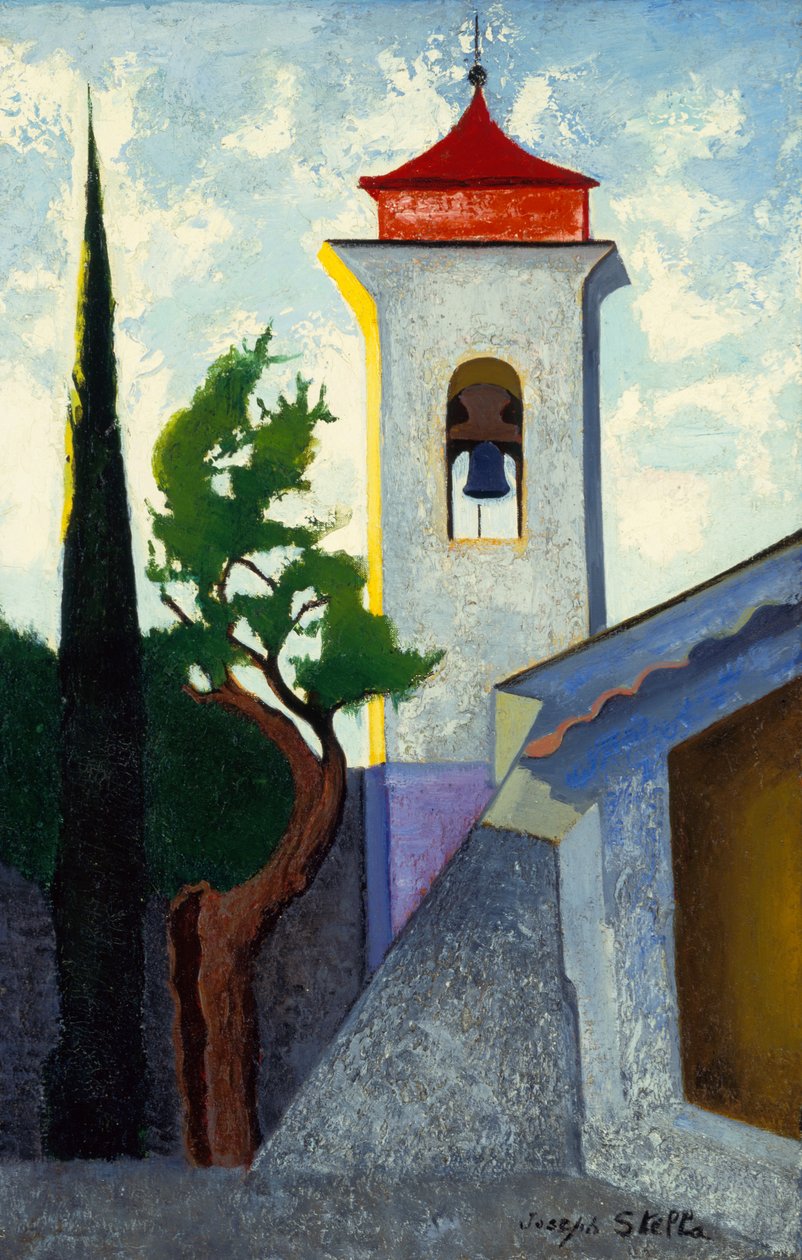 De klokkentoren (olieverf op doek gelegd op paneel) door Joseph Stella